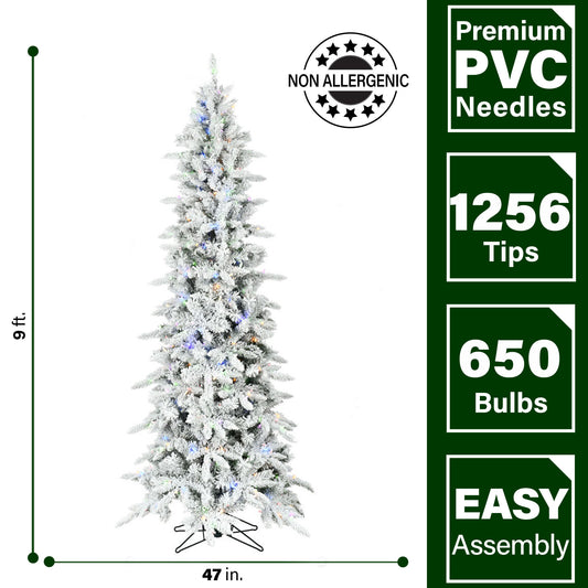 Fraser Hill Farm - 9-Ft. Slim Mountain Pine Flocked Christmas Tree with Multicolor LED Lights