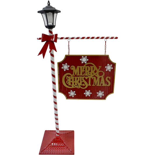 Fraser Hill Farm - 4-Ft. Lamp Post with Merry Christmas Sign and Solar Lantern, Prelit Outdoor (or Indoor) Christmas Decoration