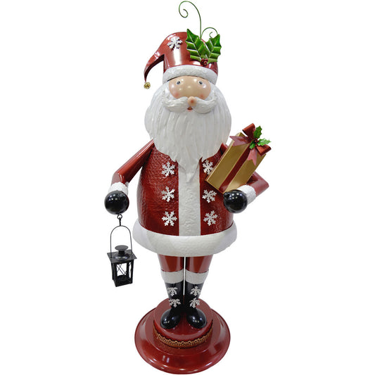Fraser Hill Farm - 50-In. Iron Santa Claus Holding Gift and Lantern with Removable Lawn Stake, Indoor or Outdoor Christmas Decoration