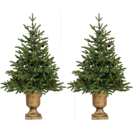 Fraser Hill Farm - Set of Two 3-Ft. Noble Fir Artificial Trees with Metallic Urn Bases