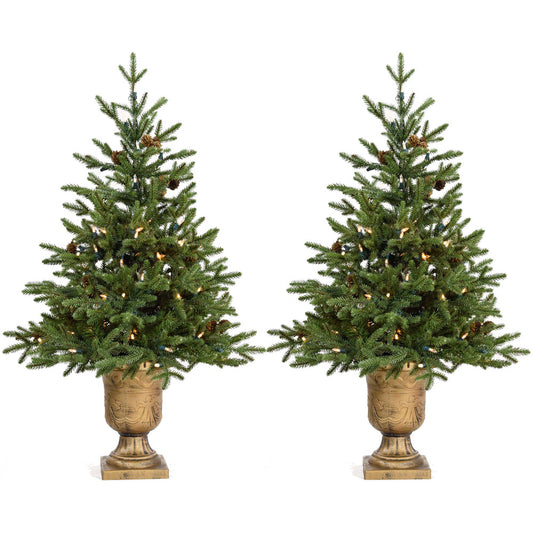 Fraser Hill Farm - Set of Two 3-Ft. Noble Fir Artificial Trees with Metallic Urn Bases and Battery-Operated LED String Lights