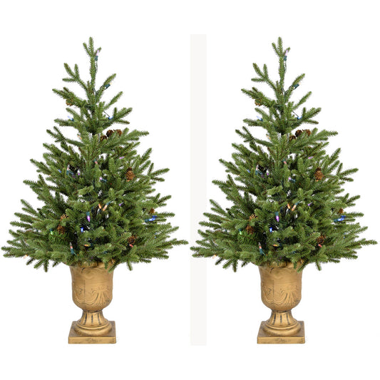 Fraser Hill Farm - Set of Two 3-Ft. Noble Fir Artificial Trees with Metallic Urn Bases and Battery-Operated Multi-Colored LED String Lights