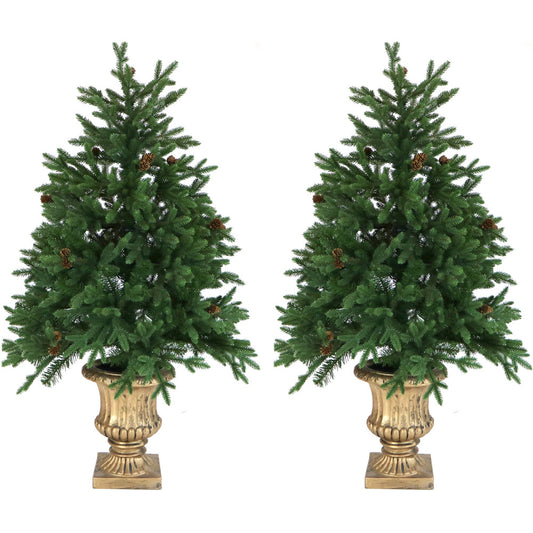 Fraser Hill Farm - Set of Two 4-Ft. Noble Fir Artificial Trees with Metallic Urn Bases and Multi-Colored LED String Lights