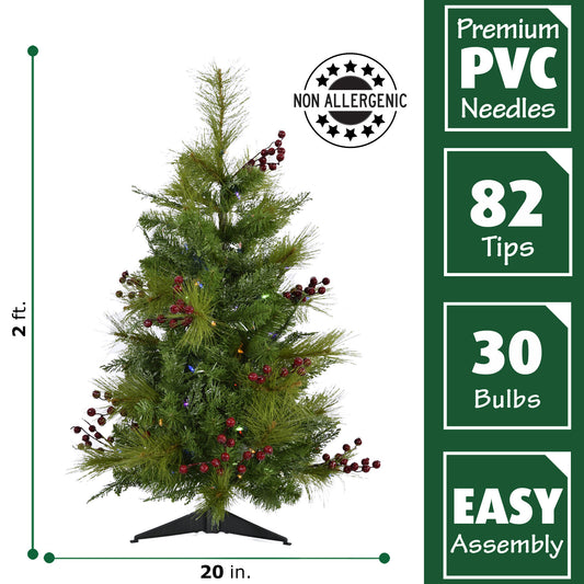 Fraser Hill Farm - Set of Two 2-Ft. Newberry Pine Artificial Trees with Battery-Operated Multi-Colored LED String Lights