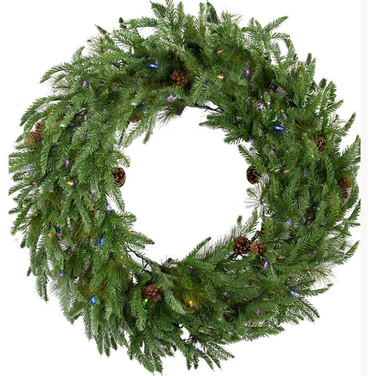 Fraser Hill Farm - 36-In. Norway Pine Artificial Holiday Wreath with Multi-Colored Battery-Operated LED String Lights