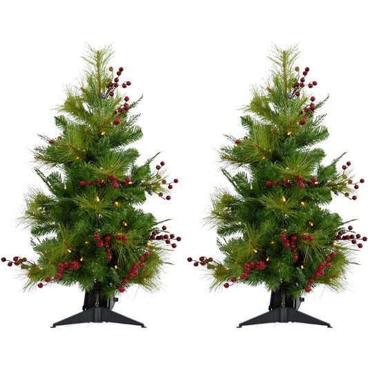 Fraser Hill Farm - Set of Two 3-Ft. Newberry Pine Artificial Trees with Battery-Operated LED String Lights