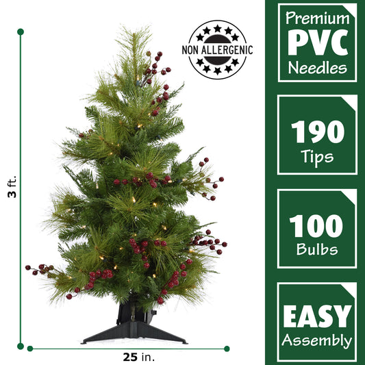 Fraser Hill Farm - Set of Two 3-Ft. Newberry Pine Artificial Trees with Battery-Operated LED String Lights