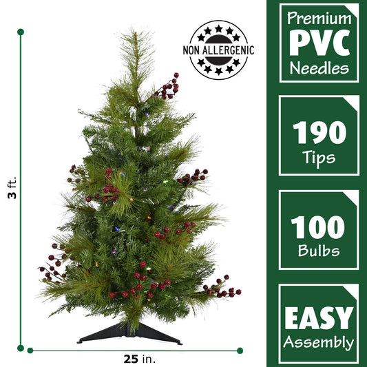 Fraser Hill Farm - Set of Two 3-Ft. Newberry Pine Artificial Trees with Battery-Operated Multi-Colored LED String Lights