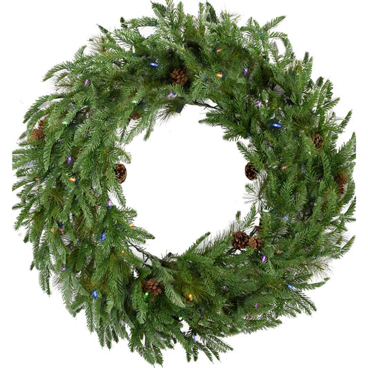 Fraser Hill Farm - 48-In. Norway Pine Artificial Holiday Wreath with Multi-Colored Battery-Operated LED String Lights