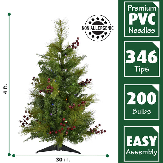 Fraser Hill Farm - Set of Two 4-Ft. Newberry Pine Artificial Trees with Multi-Colored LED String Lights