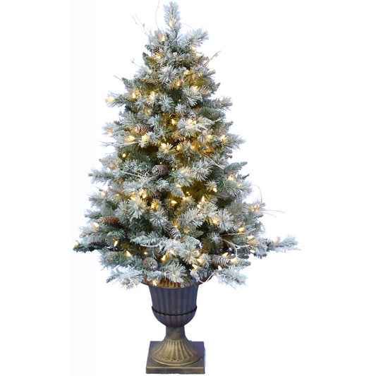 Fraser Hill Farm - 4.5-Ft. Frosted Porch Accent Tree with Pinecone Accents in Decorative Pots with Warm White Lighting