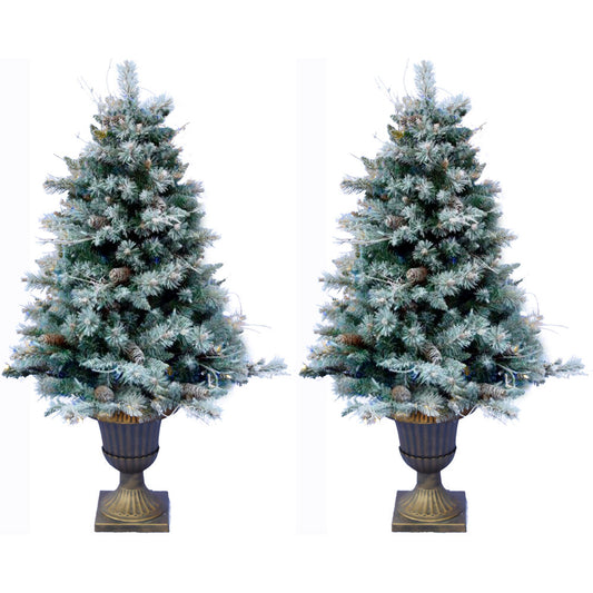 Fraser Hill Farm - 4.5-Ft. Set of 2 Frosted Porch Accent Tree with Pinecone Accents in Decorative Pots with Warm White Lighting