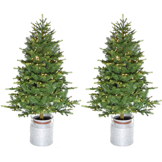 Fraser Hill Farm - 3.5-Ft. Porch Accent Tree in Rustic Farmhouse Style Metal Jug, Set of 2 with Warm White LED Lighting