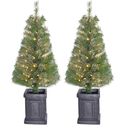 Fraser Hill Farm - 4-Ft. Set of 2 Porch Accent Tree in Black Pot with Warm White LED Lighting