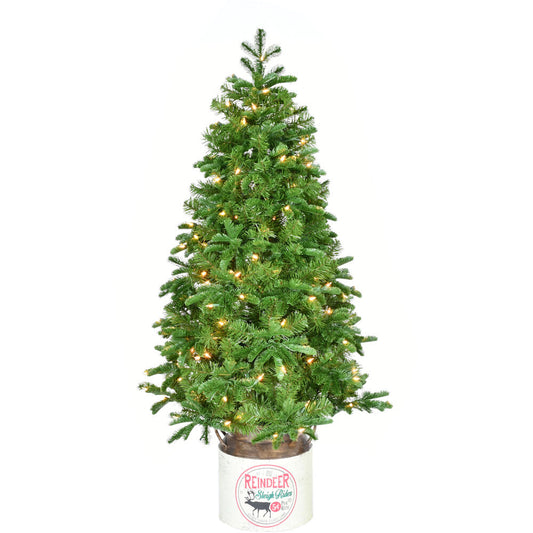 Fraser Hill Farm - 4.5-Ft. Porch Tree in Reindeer Pot with Warm White LED Lights