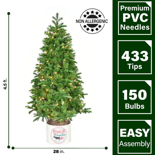 Fraser Hill Farm - 4.5-Ft. Porch Tree in Reindeer Pot with Warm White LED Lights