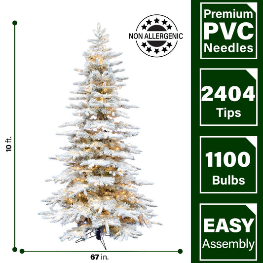 Fraser Hill Farm - 10-Ft. Flocked Pine Valley Christmas Tree with Warm White LED Lighting