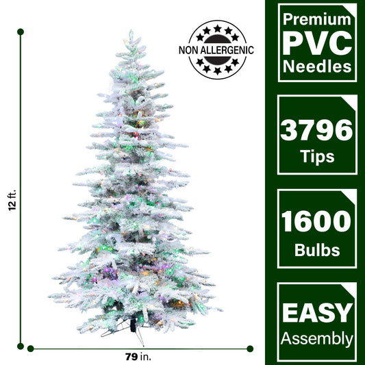 Fraser Hill Farm - 12-Ft. Flocked Pine Valley Christmas Tree with Music, Multi-Color LED String Lighting, and Remote