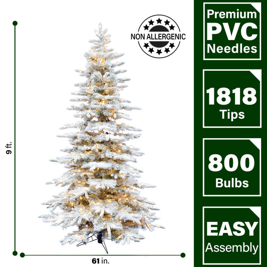 Fraser Hill Farm - 9-Ft. Flocked Pine Valley Christmas Tree with Warm White LED String Lighting