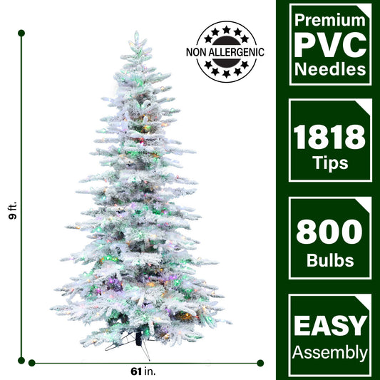 Fraser Hill Farm - 9-Ft. Flocked Pine Valley Christmas Tree with Multi-Color LED String Lighting