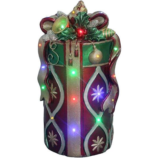 Fraser Hill Farm - Indoor/Outdoor Oversized Christmas Decor with Long-Lasting LED Lights, 26-inch Tall Round Gift Box with Bow in Red/Gold