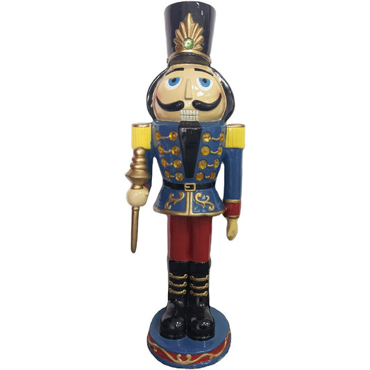 Fraser Hill Farm - 3-Ft. Nutcracker Toy Soldier Holding a Staff, Resin Statue w/ LED Lights, Indoor or Covered Outdoor Christmas Decor, Blue