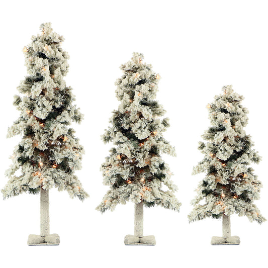 Fraser Hill Farm - Set of 3 Snowy Alpine Trees with Clear Lights (2-Ft., 3-Ft., & 4-Ft.)