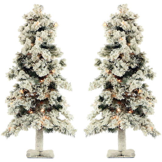 Fraser Hill Farm - Set of Two 2-Ft. Snowy Alpine Trees with Clear Lights