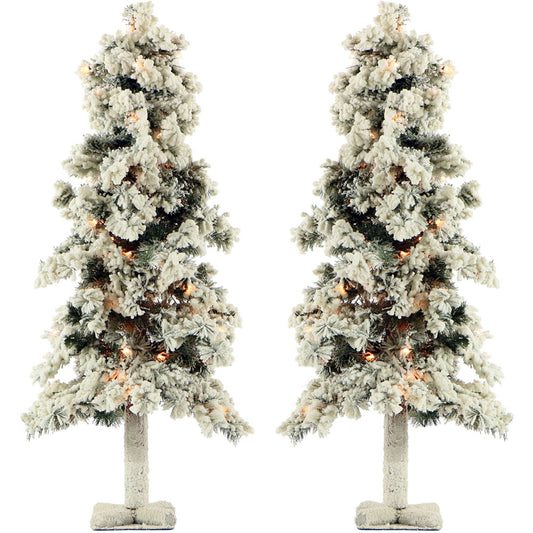 Fraser Hill Farm - Set of Two 3-Ft. Snowy Alpine Trees with Clear Lights