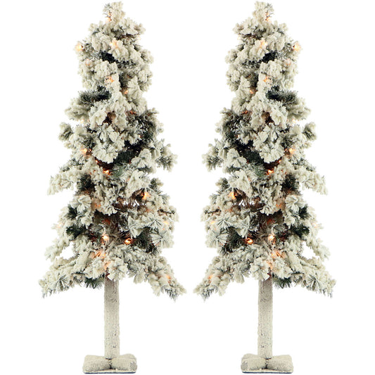 Fraser Hill Farm - Set of Two 4-Ft. Snowy Alpine Trees with Clear Lights