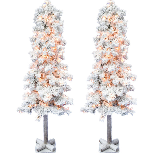 Fraser Hill Farm - 5.0-Ft Snowy Alpine Snow Flocked Christmas Tree with Lifelike Trunk Base and Clear Lights, Set of 2