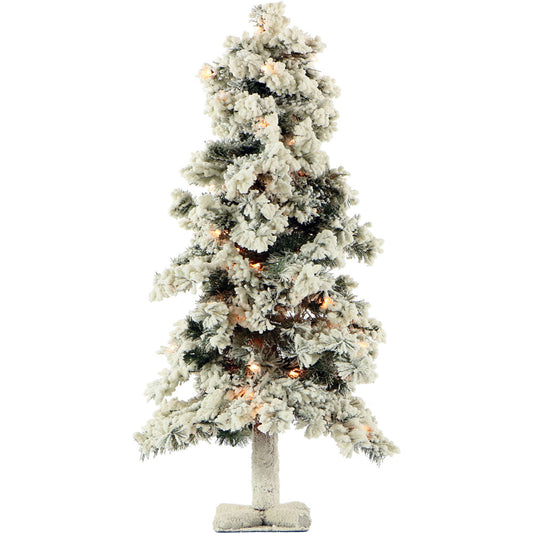 Fraser Hill Farm - 6.0-Ft Snowy Alpine Snow Flocked Christmas Tree with Lifelike Trunk Base and Clear Lights