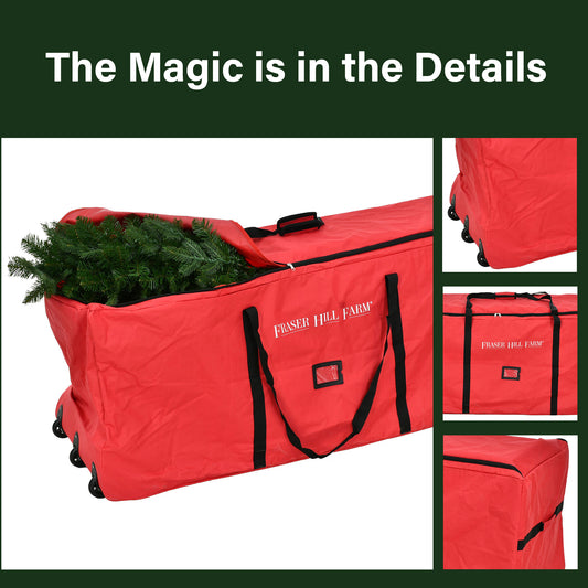 Fraser Hill Farm - 3-Wheel Rolling Storage Bag for Christmas Trees Up To 7.5 Feet, Red