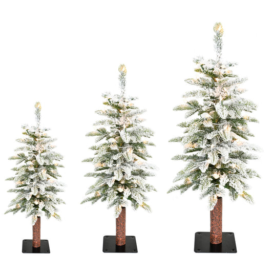 Fraser Hill Farm - Set of 3 Snowy Downswept Trees with Clear Lights in 2-Ft., 3-Ft., and 4-Ft. Sizes