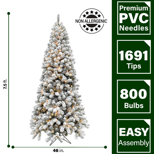 Fraser Hill Farm - 7.5-Ft. Flocked Silverton Fir Christmas Tree with Warm White LED String Lighting