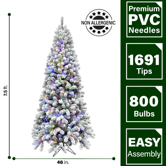 Fraser Hill Farm - 7.5-Ft. Flocked Silverton Fir Christmas Tree with Multi-Color LED String Lighting