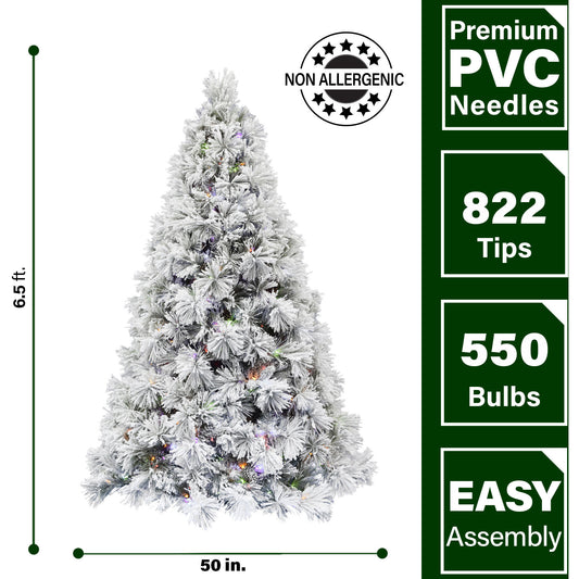 Fraser Hill Farm - 6.5 Ft. Sugar Hill Snowy Christmas Tree with Pinecones and Multi-Color LED Lighting