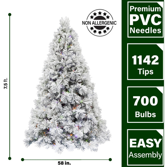 Fraser Hill Farm - 7.5-Ft. Sugar Hill Snowy Christmas Tree with Pinecones and Multi-Color LED Lighting