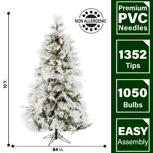 Fraser Hill Farm - 10-Ft. Flocked Snowy Pine Christmas Tree with Smart String Lighting