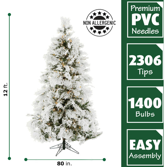 Fraser Hill Farm - 12-Ft. Flocked Snowy Pine Christmas Tree with Smart String Lighting