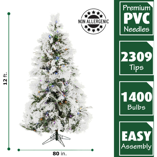 Fraser Hill Farm - 12-Ft. Flocked Snowy Pine Christmas Tree with Multi-Color LED String Lighting