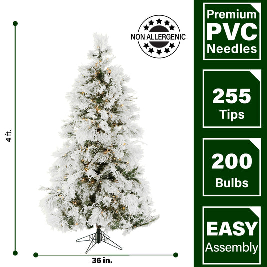 Fraser Hill Farm - 4-Ft.Snowy Pine Flocked Slim Christmas Tree with Warm White LED Lights