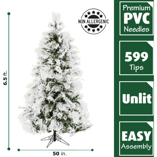 Fraser Hill Farm - 6.5-Ft. Flocked Snowy Pine Christmas Tree