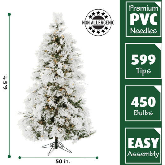Fraser Hill Farm - 6.5-Ft. Flocked Snowy Pine Christmas Tree with Smart String Lighting
