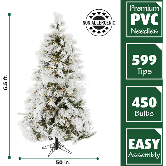Fraser Hill Farm - 6.5-Ft. Flocked Snowy Pine Christmas Tree with Warm White LED String Lighting