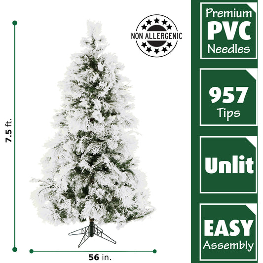 Fraser Hill Farm - 7.5-Ft. Flocked Snowy Pine Christmas Tree
