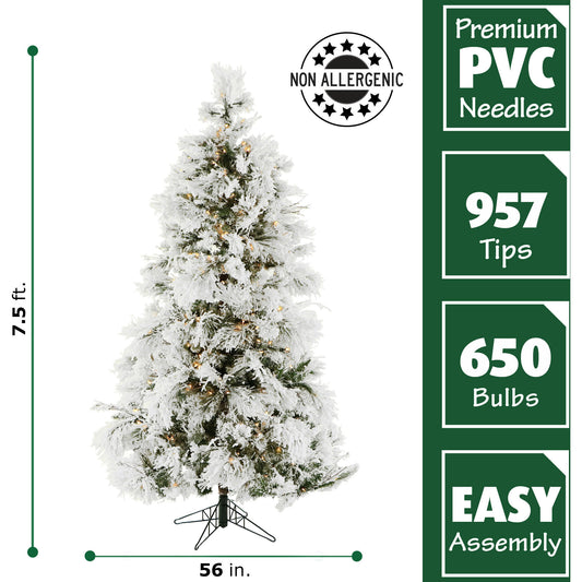 Fraser Hill Farm - 7.5-Ft. Flocked Snowy Pine Christmas Tree with Smart String Lighting