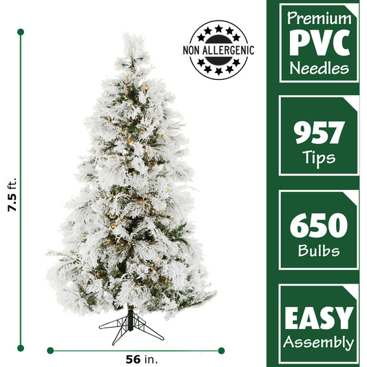 Fraser Hill Farm - 7.5-Ft. Flocked Snowy Pine Christmas Tree with Warm White LED Lighting