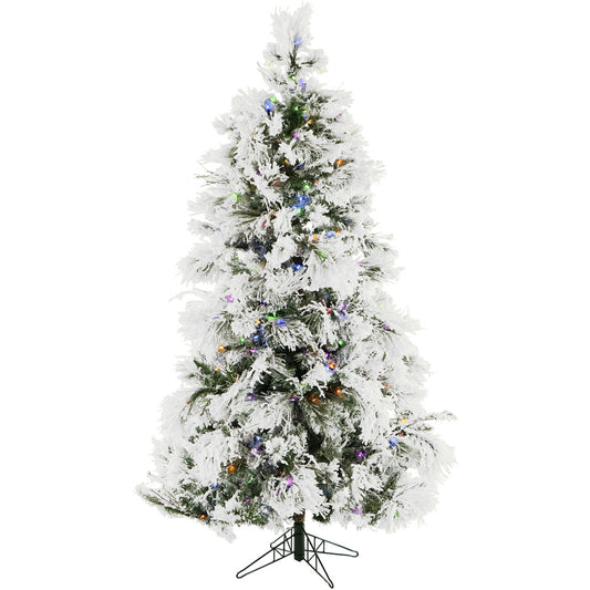 Fraser Hill Farm - 7.5-Ft. Flocked Snowy Pine Christmas Tree with Multi-Color LED String Lighting