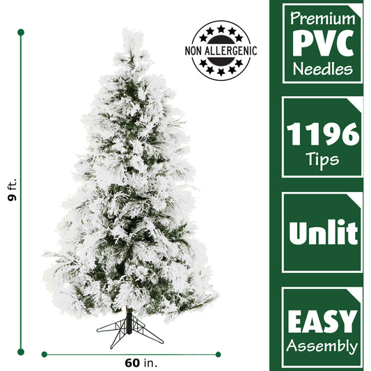 Fraser Hill Farm - 9-Ft. Flocked Snowy Pine Christmas Tree